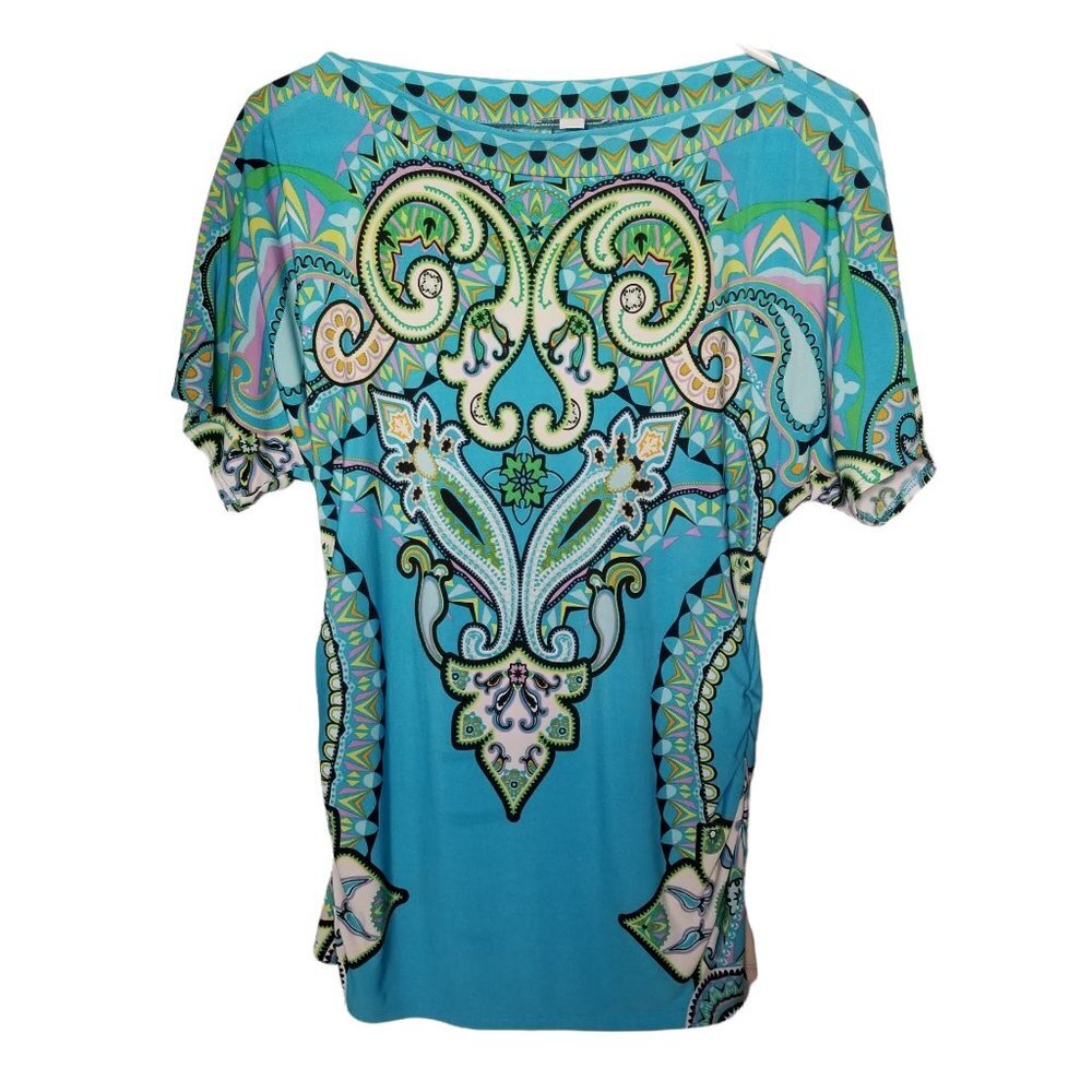 New York & Company Blue Paisley Floral Print Ruched Blouse Size Small